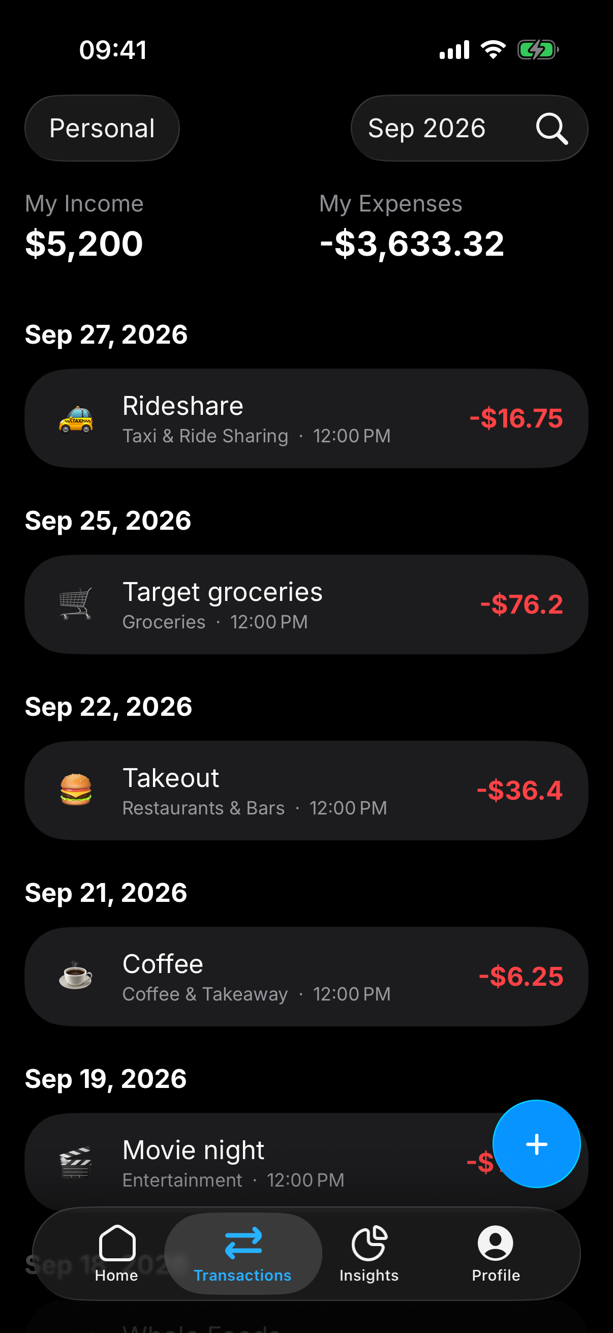 Transactions in Dark Mode.