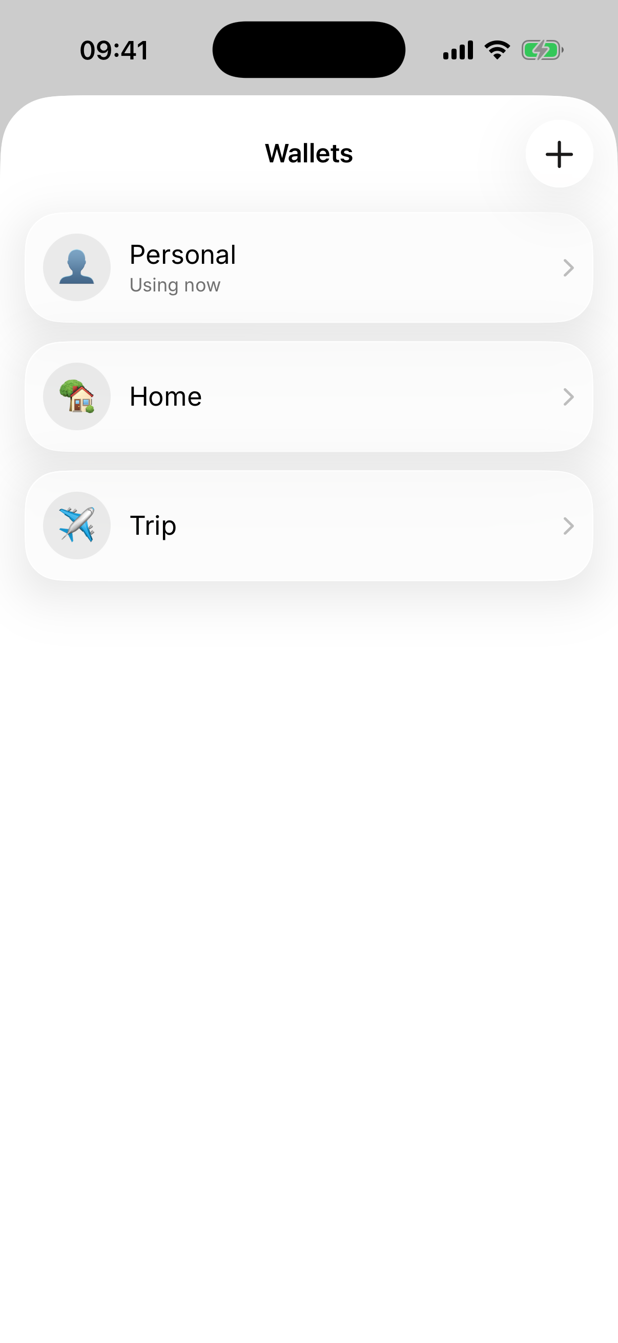 Wallets list with Personal, Home, and Trip.